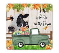 Décorations d'automne amusantes vache citrouille sur camion vert plaque en étain plaque grain de bois d'automne shabby chic Thanksgiving tracteur agricole panneau de fête d'anniversaire pour la maison