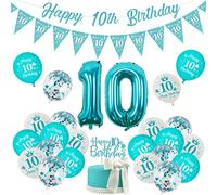 Décorations de 10e anniversaire pour filles, Bleu sarcelle Double chiffres Fournitures de fête d'anniversaire turquoise, Bannière Happy 10th Birthday, Ballons imprimés pour fête d'anniversaire 10 ans