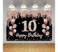 Décorations de 10e anniversaire pour filles, décoration de fête noire et or rose, panneau en tissu à suspendre, bannière de bienvenue pour 10e anniversaire