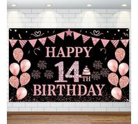 Décorations de 14e anniversaire pour filles et garçons - Bannière « Happy 14th Birthday » - Grande taille - Or rose - Toile de fond pour anniversaire de mariage - Accessoire photo - Décoration de fond