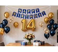Décorations de 14e anniversaire pour garçons - Bannière d'anniversaire en forme de chiffre 14 - Ballons en latex bleu marine métallisé avec confettis dorés pour garçons, lui, fils, 14 ans