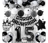 Décorations de 15e anniversaire pour garçons, décorations de fête pour 15e anniversaire avec bannière « Happy Birthday », pompons en papier, kit d'arche de ballons noirs et blancs pour 15 fournitures