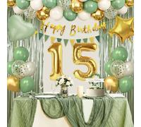 Décorations de 15e anniversaire vert sauge pour filles, décorations « Happy 15th Birthday » pour elle, ballons verts et dorés, chemin de table, bannière « Happy Birthday », fournitures de fête