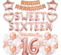 Décorations de 16e anniversaire Sweet Sixteen - Bannière « Happy Birthday » en forme de chiffre et de ballons en aluminium pour filles de 16 ans