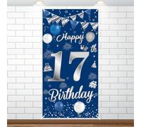 Décorations de 17e anniversaire pour garçons et filles - Bannière « Happy 17th Birthday » - Grande taille - Bleu argenté - Toile de fond pour anniversaire de mariage - Accessoire photo - Décoration de