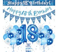 Décorations de 18e anniversaire - Ballons bleus pour 18e anniversaire - Bannière « Happy Birthday » pour décoration de fête bleue - Ballons triangulaires à confettis pour garçon