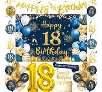 Décorations de 18e anniversaire pour garçons - Bleu marine et doré - Bannière « Happy 18th Birthday » - Toile de fond, écharpe, tourbillons à suspendre, ensemble de ballons en latex et confettis pour