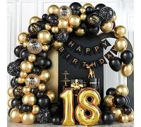 Décorations de 18e anniversaire pour garçons, kit d'arche de ballons noirs et dorés avec chiffre confettis en aluminium bannière Happy Birthday Décoration de fête noire dorée pour garçons filles