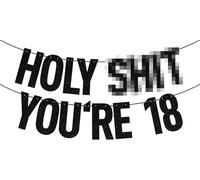 Décorations de 18e anniversaire pour lui, elle, bannière noire à paillettes « Holy Shit You're 18 » - Bannière amusante de fête d'anniversaire pour 18 ans - Time to Adult/Happy 18th Birthdays/Cheers
