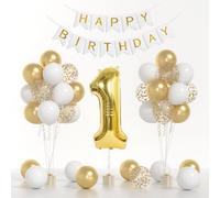 Décorations de 1er anniversaire, grand ballon doré en forme de chiffre 1 de 101,6 cm et bannière « Happy Birthday » avec ballons confettis dorés et blancs métallisés de 30,5 cm pour garçons de 1 an