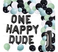 Décorations de 1er anniversaire « One Happy Dude » - Bannière de ballons en aluminium avec guirlande de ballons bleus et verts - Fournitures de fête pour le 1er anniversaire de garçon