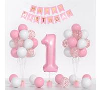 Décorations de 1er anniversaire pour filles, ensemble de décoration de 1er anniversaire pour filles, 32 en latex rose et blanc et confettis avec ballon en aluminium chiffre 1 de 101,6 cm, bannière