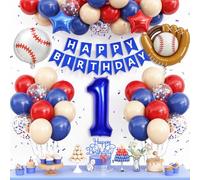 Décorations de 1er anniversaire pour garçons - Ballons de baseball bleu marine, rouge et nude - Bannière d'anniversaire avec gant de baseball numéro 1 - Ballons en aluminium - Décoration de gâteau