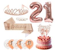 Décorations de 21e anniversaire pour elle - Ensemble cadeau : écharpe d'anniversaire, diadème, décoration de gâteau et 6 petits et 1 gros ballons, parfait pour décoration de fête d'anniversaire de 21e