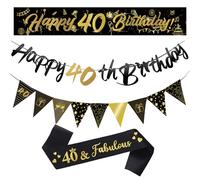 Décorations de 21e ou 40e anniversaire pour lui, bannière « Happy Birthday », drapeaux noirs et dorés, serpentins, fournitures de fête, cadeaux pour homme (40e)