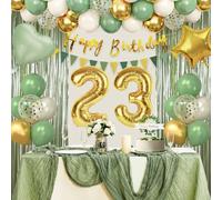 Décorations de 23e anniversaire vert sauge pour femmes et filles, décorations de 23e anniversaire pour elle, ballons verts et dorés, chemin de table, bannière « Happy Birthday », fournitures de fête