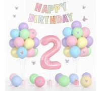 Décorations de 2e anniversaire pastel pour fille - Ballons pastel de 30,5 cm, rose de 101,6 cm, 2 ballons, autocollants papillons 3D, bannière « Happy Birthday » pour bébé fille de 2 ans
