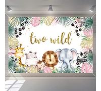 Décorations de 2e anniversaire pour fille, motif animal de safari deux animaux sauvages, toile de fond de dessin animé sauvage, affiche en tissu pour 2e anniversaire de fille de la jungle, fournitures
