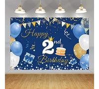 Décorations de 2ème anniversaire - Bannière « Happy 2nd Birthday » pour garçons/filles - Panneau en tissu - Fond photo bleu - Décoration de table de deuxième anniversaire - 150 cm x 90 cm