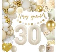 Décorations de 30e anniversaire pour elle, décorations dorées « Happy 30th Birthday » - Ballons beiges, dorés et blancs - Bannière « Happy Birthday » - Décoration de gâteau en papier - Pompons « Talk