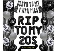 Décorations de 30e anniversaire pour femme homme Death to My Twenties Black Rip Twenties Décorations pour lui ses fournitures de fête d'anniversaire drôles avec Rip to My 20s Foil Balloons Sash
