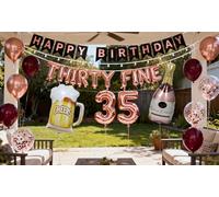 Décorations de 35e anniversaire pour femme, bannière de 35e anniversaire de mariage, bannière or rose, grand chiffre 35 ballons en forme de tasse de champagne pour elle fête de 35 ans (or rose)