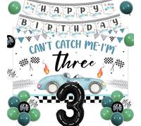 Décorations de 3e anniversaire de voiture de course vintage pour garçons, Can't Catch Me I'm Three toile de fond, bannière d'anniversaire de voiture de course, ballons imprimés drapeau de course pour