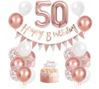 Décorations de 50e anniversaire pour femme, ensemble de ballons or rose et blanc, bannière « Happy 50th Birthday », ballon en aluminium chiffre 50, décoration de gâteau pour 50