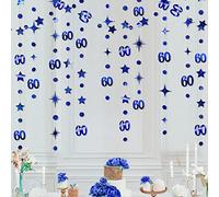Décorations de 60e anniversaire bleu marine en forme de chiffre 60 avec cercles et étoiles scintillantes - Guirlande métallique à suspendre pour 60 ans