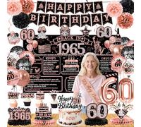 Décorations de 60e anniversaire pour femme - 58 pièces or rose et noir fournitures de fête avec fond en 1965, bannière, centres de table en nid d'abeille, ballons, tourbillons suspendus, ballons en