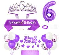 Décorations de 6e anniversaire pour filles, couronne de princesse, diadème, écharpe « It's My 6th Birthday », décoration de gâteau d'anniversaire de 6 ans, bougies et ballons pour fête d'anniversaire,