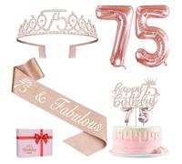 Décorations de 75e anniversaire pour femme, y compris écharpe et diadème, décoration de gâteau et bougies, ballons en forme de chiffre or rose, cadeaux de 75 ans pour femme