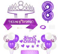 Décorations de 8e anniversaire pour filles, couronne de princesse, diadème, écharpe « It's My 8th Birthday », décoration de gâteau d'anniversaire de 8 ans, bougies et ballons pour fête d'anniversaire,