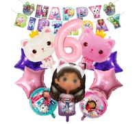 Décorations de ballons sur le thème des dessins animés, Décorations d'anniversaire pour une fillette de 6 ans, Ballons en aluminium roses et ballons en forme de chat, Banderoles