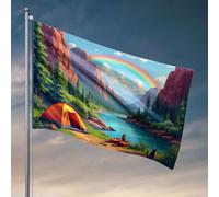 Décorations de bière pour homme, grotte de camping au bord du lac avec arc-en-ciel dans le ciel. Drapeau amusant pour collège décoration de grotte d'homme (30 x 45 cm)