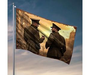 Décorations de bière pour homme, grotte, deux soldats en uniforme, partagent un verre de vin au milieu des ruines, drapeau bar pour homme, grotte occidentale, décoration d'intérieur (30 x 45 cm)