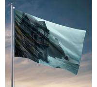 Décorations de bière pour homme, grotte d'une maison de style gothique perchée sur une falaise surplombant des mers turbulentes. Drapeau amusant pour décoration universitaire (60 x 90 cm)