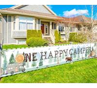 Décorations de camping pour 1er anniversaire - Bannière « One Happy Camper Yard », grand panneau de camping pour Adventure One Mountain Forest 1er anniversaire, fête du parc national, bannière de