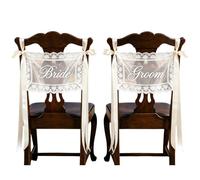 Décorations de chaise de mariage, ensemble 2 décorations chaise mariage pour les mariés, panneaux en maille transparente en dentelle avec ruban, blanc
