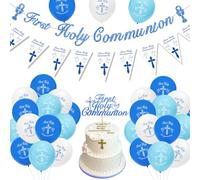Décorations de communion, décorations de première communion, décoration de confirmation, bannière bleue, fanion, ballons, décoration de gâteau pour garçons, cadeaux de baptême