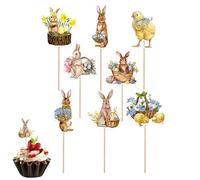 Décorations De Cupcakes De Pâques - Pics À Dessert En Papier Lapin De Dessin Animé, Ensemble De Décoration De Gâteau De Printemps De Huit Pièces, Ornement De Fête Imprimé Brillant | Pour Mur De Photos