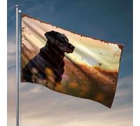 Décorations de dortoir pour les gars de l'université, un chien noir assis dans un champ de fleurs sauvages au coucher du soleil. Drapeau pour garçons Drapeau pour meubles de salle de jeux (60 x 90 cm)