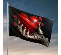 Décorations de dortoir pour les gars de l'université Une main squelettique tient un cœur rouge avec des roses. Drapeau de jardin Accessoires amusants pour dortoir (120 x 180 cm)