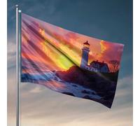 Décorations de dortoir pour les gars du collège, coucher de soleil au phare : un drapeau de scène côtière sereine avec manches à air, drapeau extérieur pour chambre gars (152 x 244 cm)