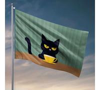 Décorations de dortoir pour les gars du collège Un chat noir aux yeux jaunes est assis à une table, tenant une tasse jaune. Drapeau Accessoires de dortoir Accessoires essentiels pour dortoir
