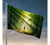 Décorations de dortoir pour les gars du collège Une personne marche sur un chemin forestier alors que la lumière du soleil filtre à travers les arbres. Drapeau Accessoires de dortoir essentiels pour