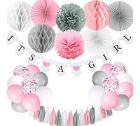 Décorations de douche de bébé pour fille, c'est une bannière de fille avec des pompons en papier en tissu d'éventail Ballons en nid d'abeille, gland, rose et gris