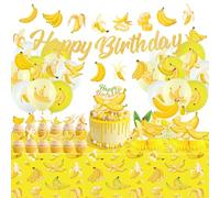 Décorations de fête bananes, fournitures de fête avec bannière « Happy Birthday », décorations de gâteaux, centres de table en nid d'abeille, nappe et ballons pour décorations sur le thème des fruits