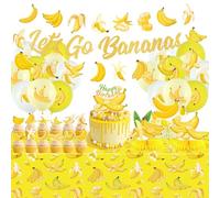 Décorations de fête bananes, fournitures de fête jaunes avec bannière Let's Go Bananas, décorations de gâteaux, centres de table en nid d'abeille, nappe et ballons pour décorations sur le thème des