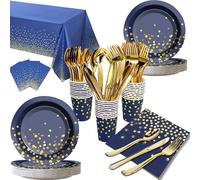 Décorations de fête bleu marine et or, ensemble d'ustensiles britanniques de poulet bleu et or, assiettes en papier, nappe de serviette standardisée, mariages 7inch Plates-10Pcs
